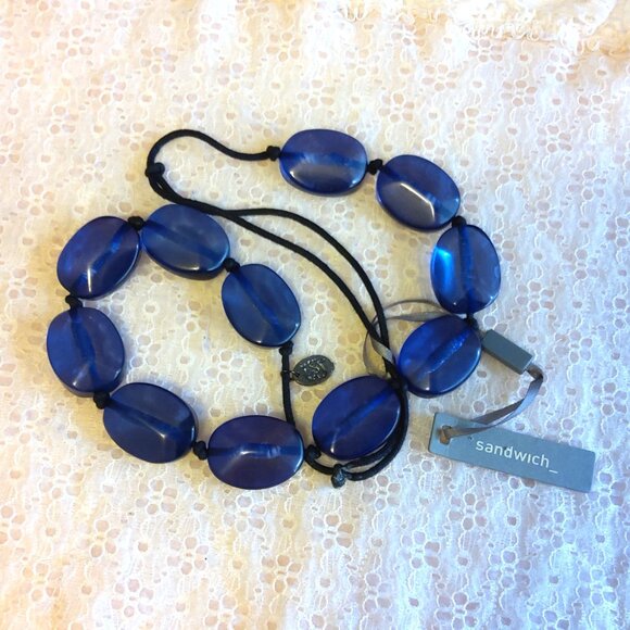 Vintage NEW sandwich jewellery Large Blue Oval Beads VTG Necklace - Picture 3 of 8